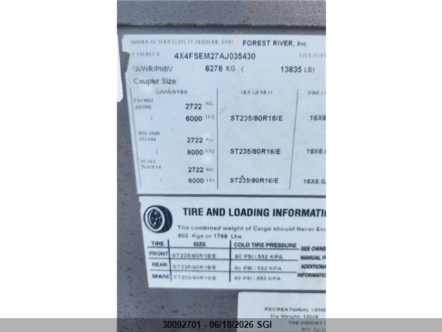 Продаж на аукціоні авто 2010 Forest River Inc. Sierra Std 39ft, vin: 4X4FSEM27AJ035430, номер лоту: 30092701
