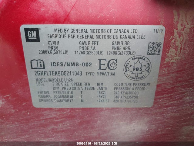 Aukcja sprzedaży 2013 Gmc Terrain Sle, vin: 2GKFLTEK9D6211048, numer aukcji: 30092416