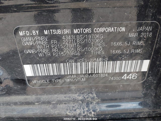 Aukcja sprzedaży 2018 Mitsubishi Rvr Se, vin: JA4AJ3AU2JU601824, numer aukcji: 30092710