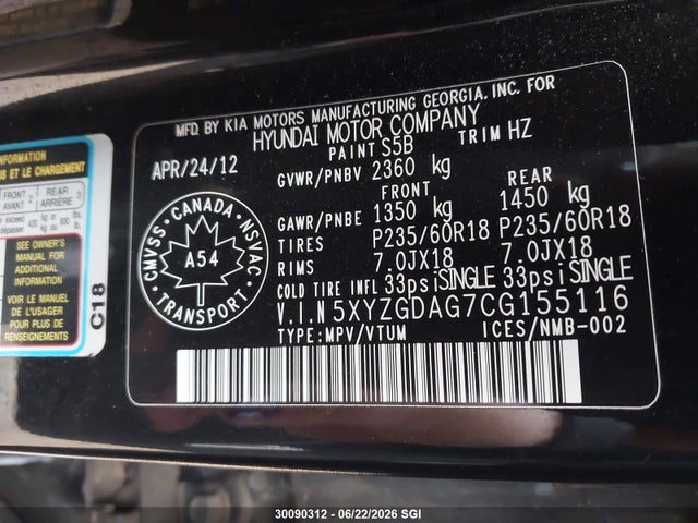 Продаж на аукціоні авто 2012 Hyundai Santa Fe Gls, vin: 5XYZGDAG7CG155116, номер лоту: 30090312