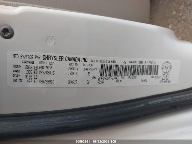 2012 Dodge Grand Caravan Se მანქანა იყიდება აუქციონზე, vin: 2C4RDGBG0CR234437, აუქციონის ნომერი: 30092661
