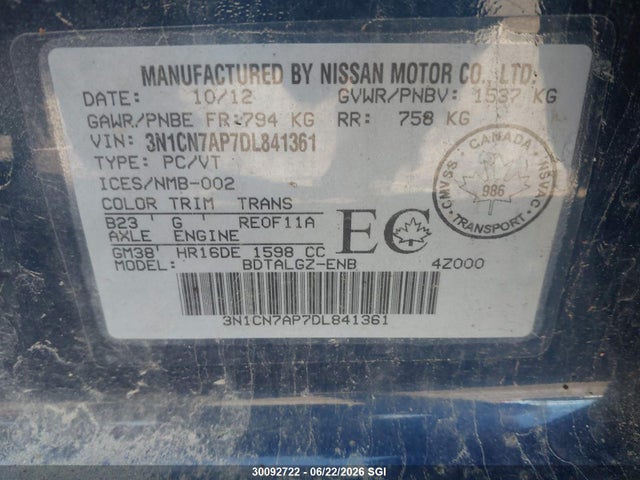 Aukcja sprzedaży 2013 Nissan Versa S/s Plus/sv/sl, vin: 3N1CN7AP7DL841361, numer aukcji: 30092722