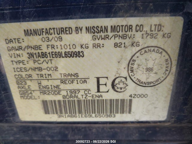 Aukcja sprzedaży 2009 Nissan Sentra 2.0/2.0s/2.0sl, vin: 3N1AB61E69L650983, numer aukcji: 30092723