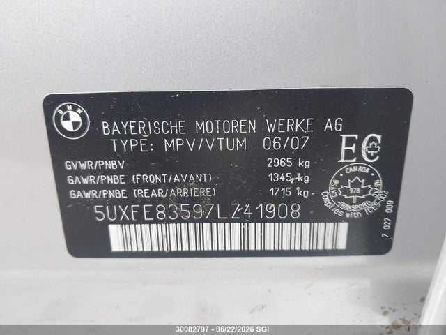 2007 Bmw X5 4.8i მანქანა იყიდება აუქციონზე, vin: 5UXFE83597LZ41908, აუქციონის ნომერი: 30082797