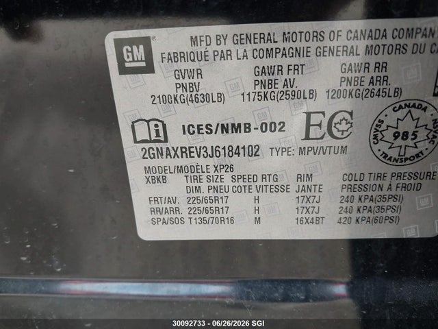 30092733 :رقم المزاد ، 2GNAXREV3J6184102 vin ، 2018 Chevrolet Equinox Ls مزاد بيع