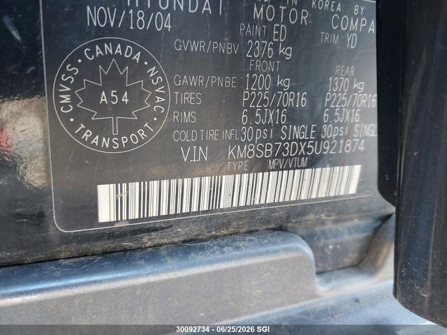 2005 Hyundai Santa Fe მანქანა იყიდება აუქციონზე, vin: KM8SB73DX5U921874, აუქციონის ნომერი: 30092734