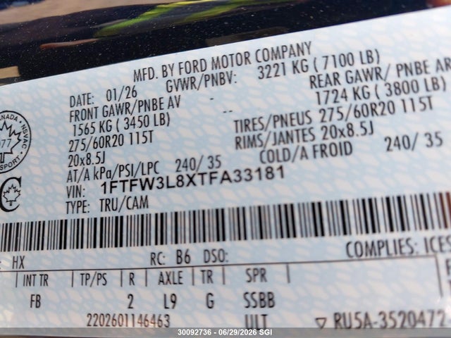 2026 Ford F150 Xlt მანქანა იყიდება აუქციონზე, vin: 1FTFW3L8XTFA33181, აუქციონის ნომერი: 30092736