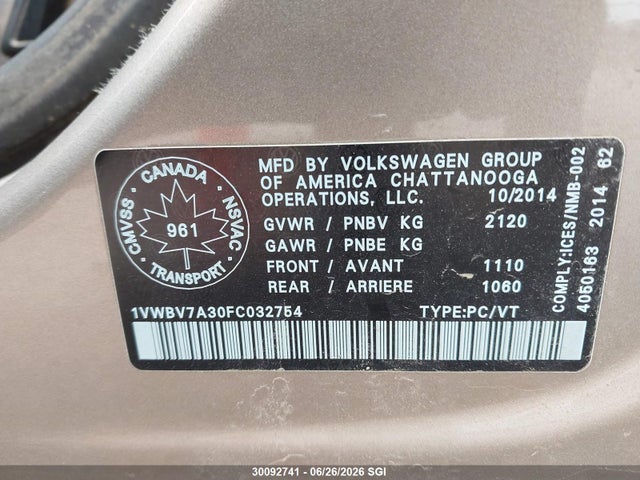 Volkswagen PASSAT SE 2015 1VWBV7A30FC032754 Image 9