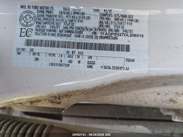 30092743 :رقم المزاد ، 1FADP3N27DL206015 vin ، 2013 Ford Focus Titanium مزاد بيع