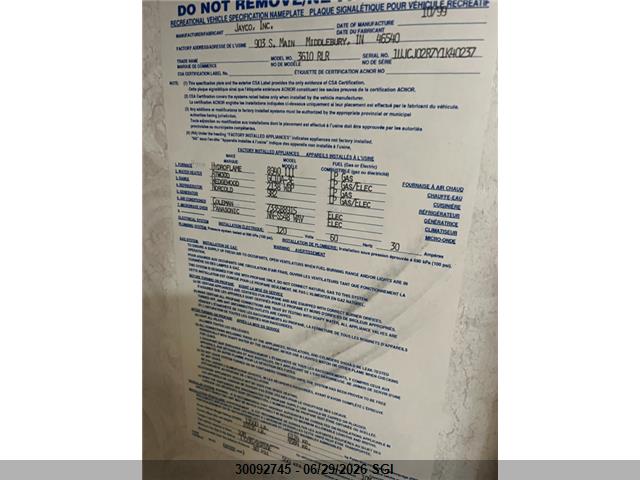 Aukcja sprzedaży 2000 Jayco Designer 3610 Rlts, vin: 1UJCJ02R7Y1K40237, numer aukcji: 30092745
