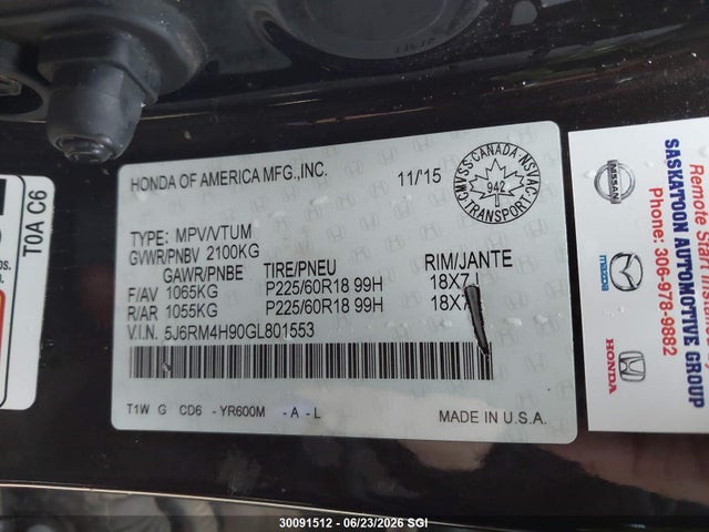 2016 Honda Cr-v Touring მანქანა იყიდება აუქციონზე, vin: 5J6RM4H90GL801553, აუქციონის ნომერი: 30091512