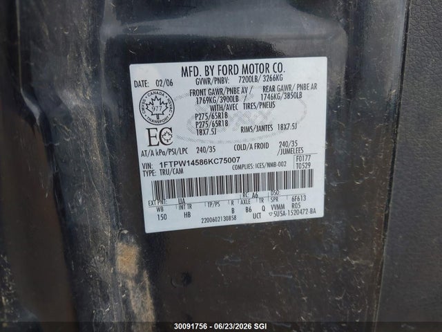 30091756 :رقم المزاد ، 1FTPW14586KC75007 vin ، 2006 Ford F150 Supercrew مزاد بيع