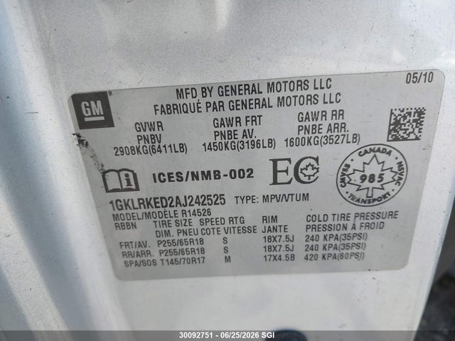 Aukcja sprzedaży 2010 Gmc Acadia Sl, vin: 1GKLRKED2AJ242525, numer aukcji: 30092751
