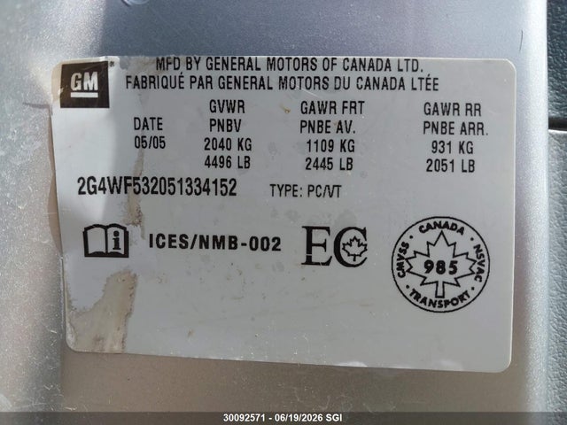 30092571 :رقم المزاد ، 2G4WF532051334152 vin ، 2005 Buick Allure Cx مزاد بيع