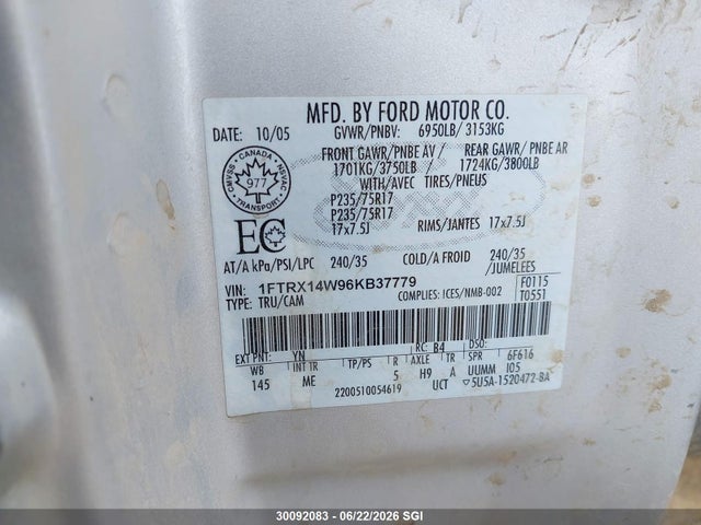 30092083 :رقم المزاد ، 1FTRX14W96KB37779 vin ، 2006 Ford F150 مزاد بيع