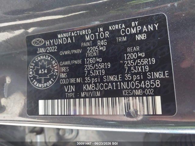 Продаж на аукціоні авто 2022 Hyundai Tucson Luxury/ultimate, vin: KM8JCCA11NU054858, номер лоту: 30091447