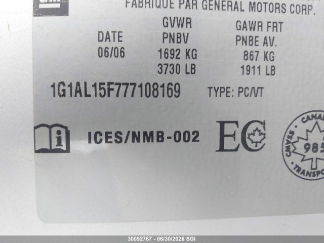Продажа на аукционе авто 2007 Chevrolet Cobalt Lt, vin: 1G1AL15F777108169, номер лота: 30092767