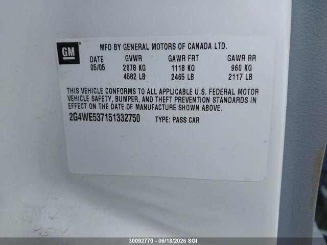 Продажа на аукционе авто 2005 Buick Lacrosse Cxs, vin: 2G4WE537151332750, номер лота: 30092770