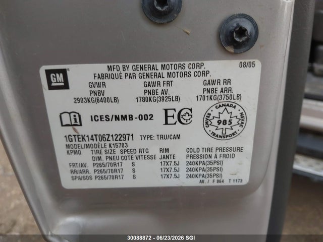 Aukcja sprzedaży 2006 Gmc New Sierra K1500, vin: 1GTEK14T06Z122971, numer aukcji: 30088872