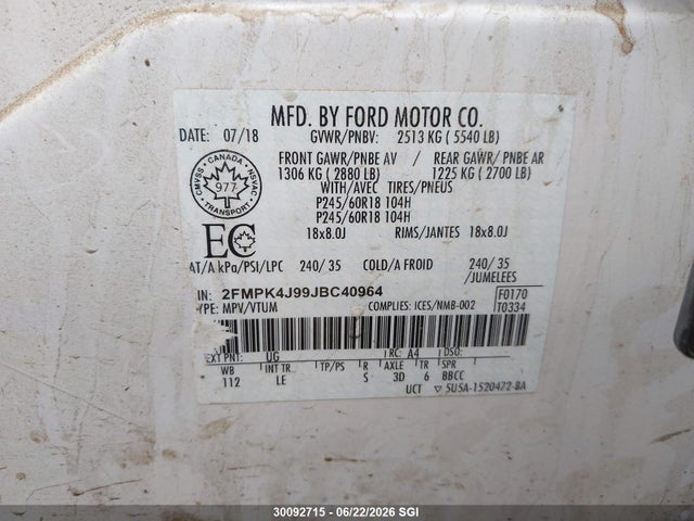 30092715 :رقم المزاد ، 2FMPK4J99JBC40964 vin ، 2018 Ford Edge Sel مزاد بيع