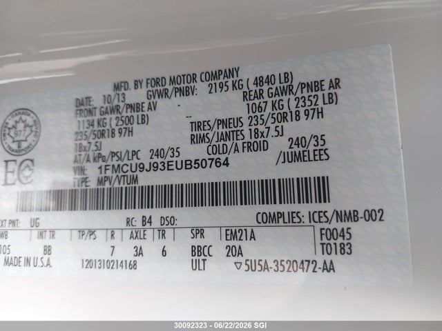 Продажа на аукционе авто 2014 Ford Escape Titanium, vin: 1FMCU9J93EUB50764, номер лота: 30092323