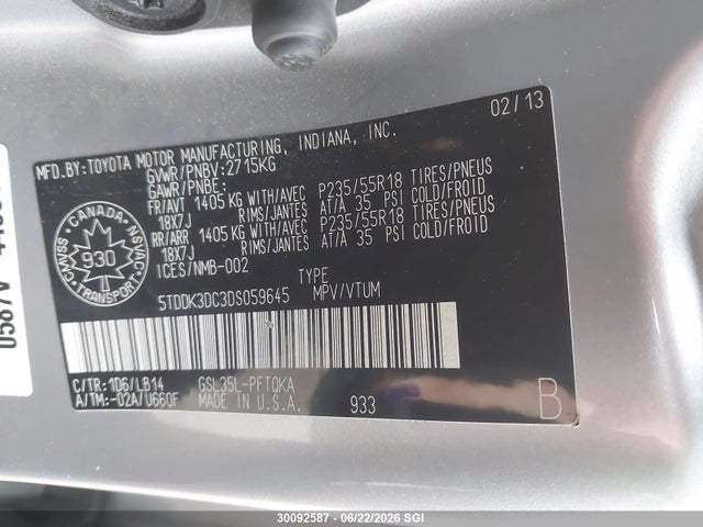 2013 Toyota Sienna Xle/limited მანქანა იყიდება აუქციონზე, vin: 5TDDK3DC3DS059645, აუქციონის ნომერი: 30092587