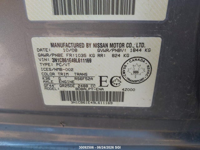 Aukcja sprzedaży 2009 Nissan Sentra Se-r Spec V, vin: 3N1CB61E49L611169, numer aukcji: 30092506