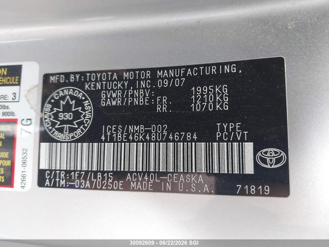 30092609 :رقم المزاد ، 4T1BE46K48U746784 vin ، 2008 Toyota Camry Ce/le/xle/se مزاد بيع