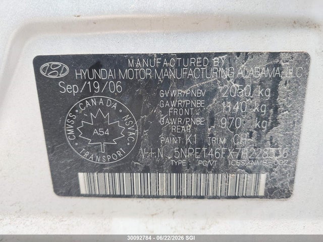 Продаж на аукціоні авто 2007 Hyundai Sonata Gl, vin: 5NPET46FX7H228536, номер лоту: 30092784