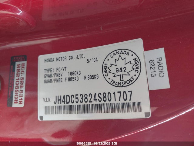 Продаж на аукціоні авто 2004 Acura Rsx, vin: JH4DC53824S801707, номер лоту: 30092588