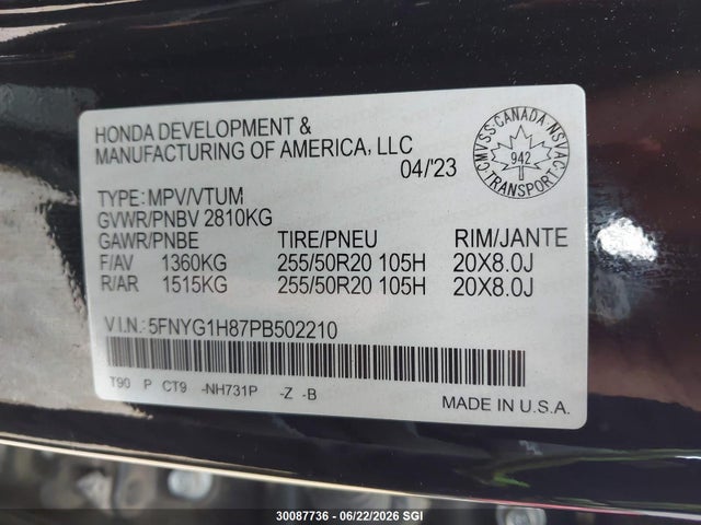 Honda Pilot Elite 2023 5FNYG1H87PB502210 Image 9