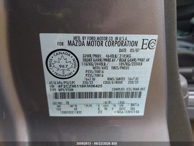 2008 Mazda Tribute S მანქანა იყიდება აუქციონზე, vin: 4F2CZ96118KM06425, აუქციონის ნომერი: 30092813