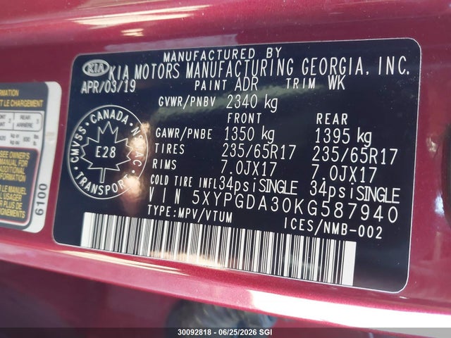 Aukcja sprzedaży 2019 Kia Sorento L/lx, vin: 5XYPGDA30KG587940, numer aukcji: 30092818
