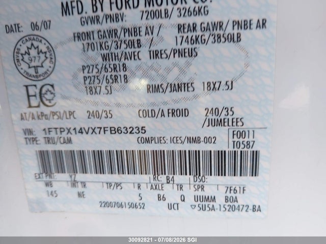 30092821 :رقم المزاد ، 1FTPX14VX7FB63235 vin ، 2007 Ford F150 مزاد بيع