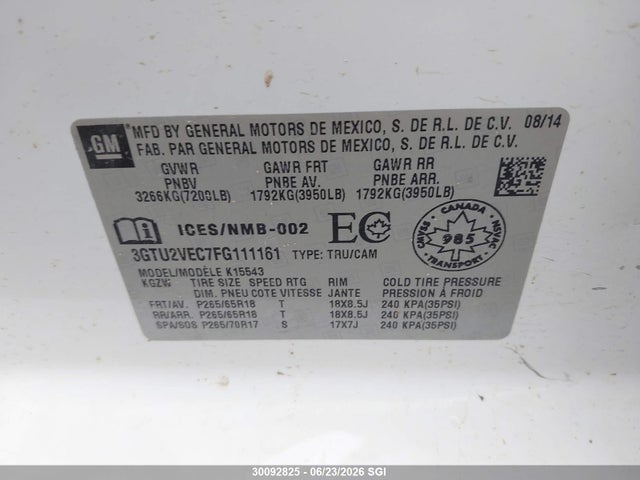 Продажа на аукционе авто 2015 Gmc Sierra K1500 Slt, vin: 3GTU2VEC7FG111161, номер лота: 30092825