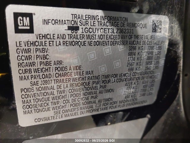 Aukcja sprzedaży 2020 Chevrolet Silverado K1500 Ltz, vin: 1GCUYGET3LZ362331, numer aukcji: 30092832