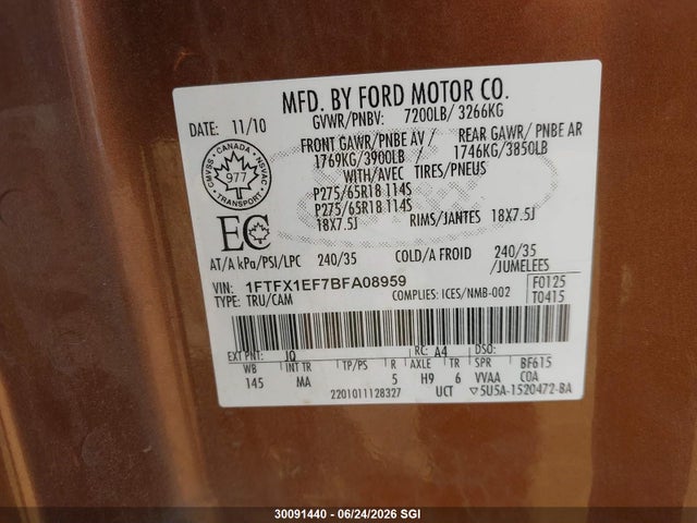 30091440 :رقم المزاد ، 1FTFX1EF7BFA08959 vin ، 2011 Ford F150 Super Cab مزاد بيع