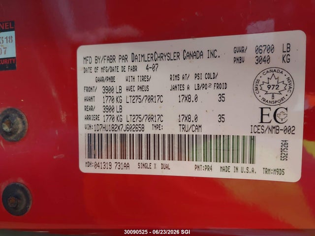 Auction sale of the 2007 Dodge Ram 1500 St/slt, vin: 1D7HU182X7J602658, lot number: 30090525