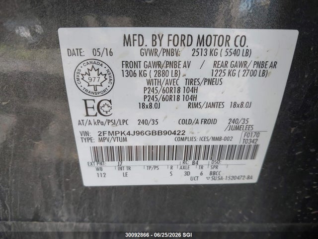 Ford EDGE SEL 2016 2FMPK4J96GBB90422 Image 9