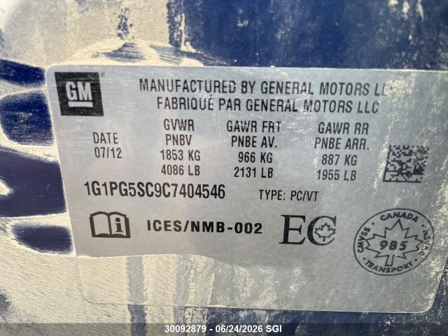 30092879 :رقم المزاد ، 1G1PG5SC9C7404546 vin ، 2012 Chevrolet Cruze Lt مزاد بيع