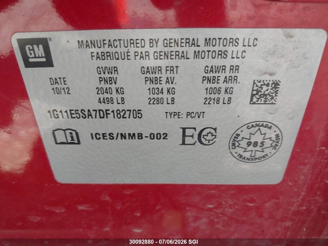 Продажа на аукционе авто 2013 Chevrolet Malibu 2lt, vin: 1G11E5SA7DF182705, номер лота: 30092880