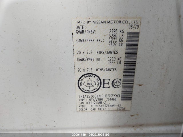 2020 Nissan Murano Platinum მანქანა იყიდება აუქციონზე, vin: 5N1AZ2DS3LN169790, აუქციონის ნომერი: 30091449