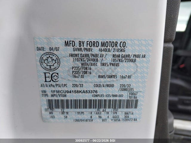 30092577 :رقم المزاد ، 1FMCU94158KA53376 vin ، 2008 Ford Escape Limited مزاد بيع