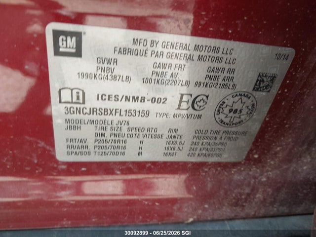 Chevrolet TRAX 1LT 2015 3GNCJRSBXFL153159 Image 9