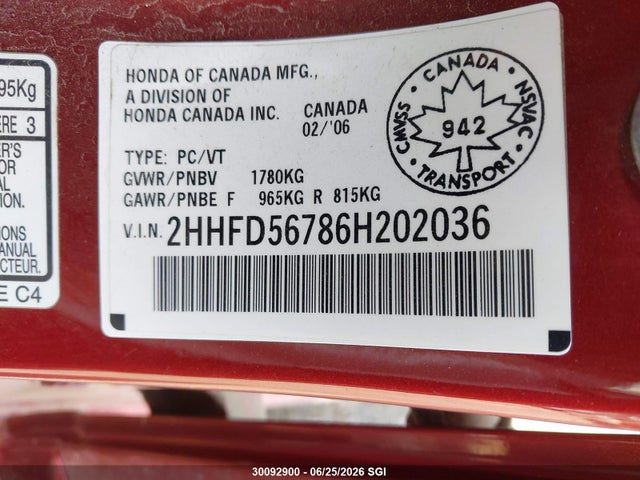 30092900 :رقم المزاد ، 2HHFD56786H202036 vin ، 2006 Acura Csx Premium مزاد بيع