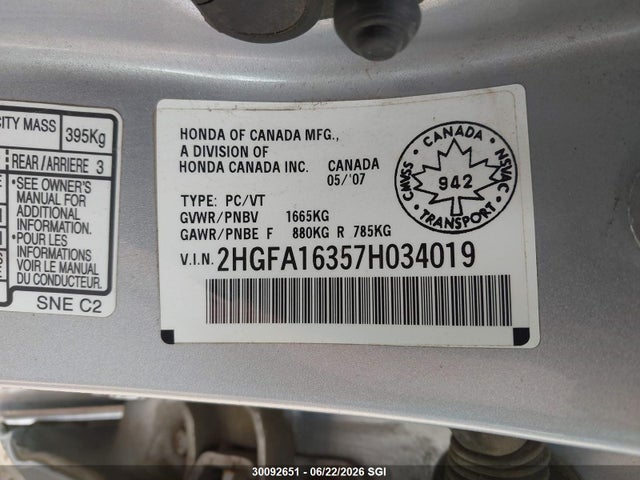 2007 Honda Civic Dx-g მანქანა იყიდება აუქციონზე, vin: 2HGFA16357H034019, აუქციონის ნომერი: 30092651