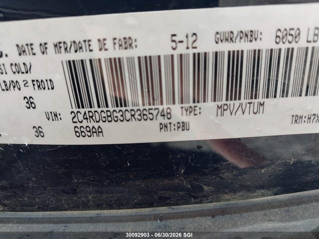2012 Dodge Grand Caravan Se/sxt მანქანა იყიდება აუქციონზე, vin: 2C4RDGBG3CR365748, აუქციონის ნომერი: 30092903