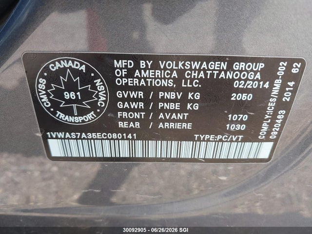 Volkswagen PASSAT S 2014 1VWAS7A35EC080141 Image 9