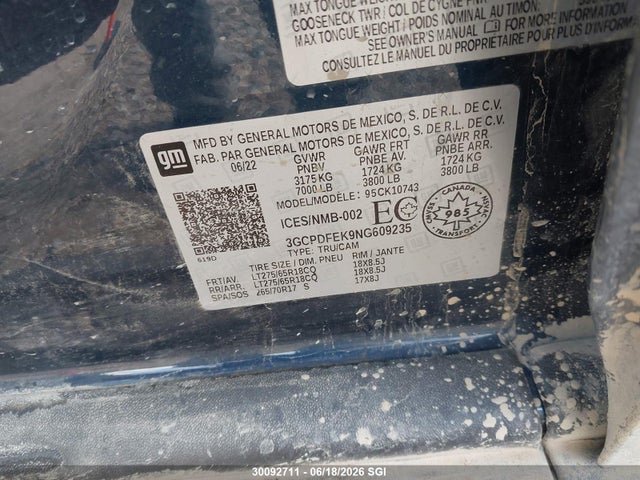 30092711 :رقم المزاد ، 3GCPDFEK9NG609235 vin ، 2022 Chevrolet Silverado K1500 Lt Trail Boss مزاد بيع