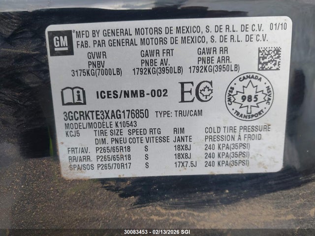 30083453 :رقم المزاد ، 3GCRKTE3XAG176850 vin ، 2010 Chevrolet Silverado K1500 Ltz مزاد بيع